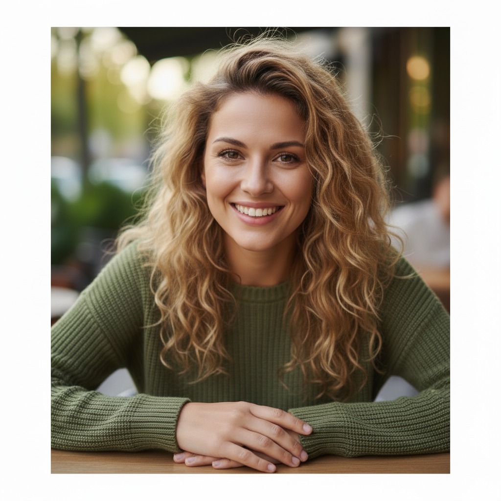 Clear source portrait of a woman with curly blonde hair