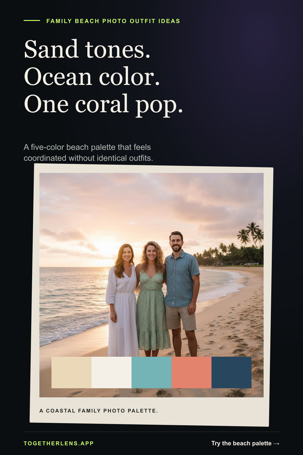 Family beach photo color scheme with warm sand, foam, aqua, coral, and navy