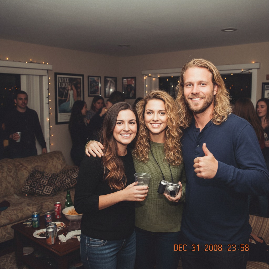 AI-generated group photo style: 2008 — House Party Flash