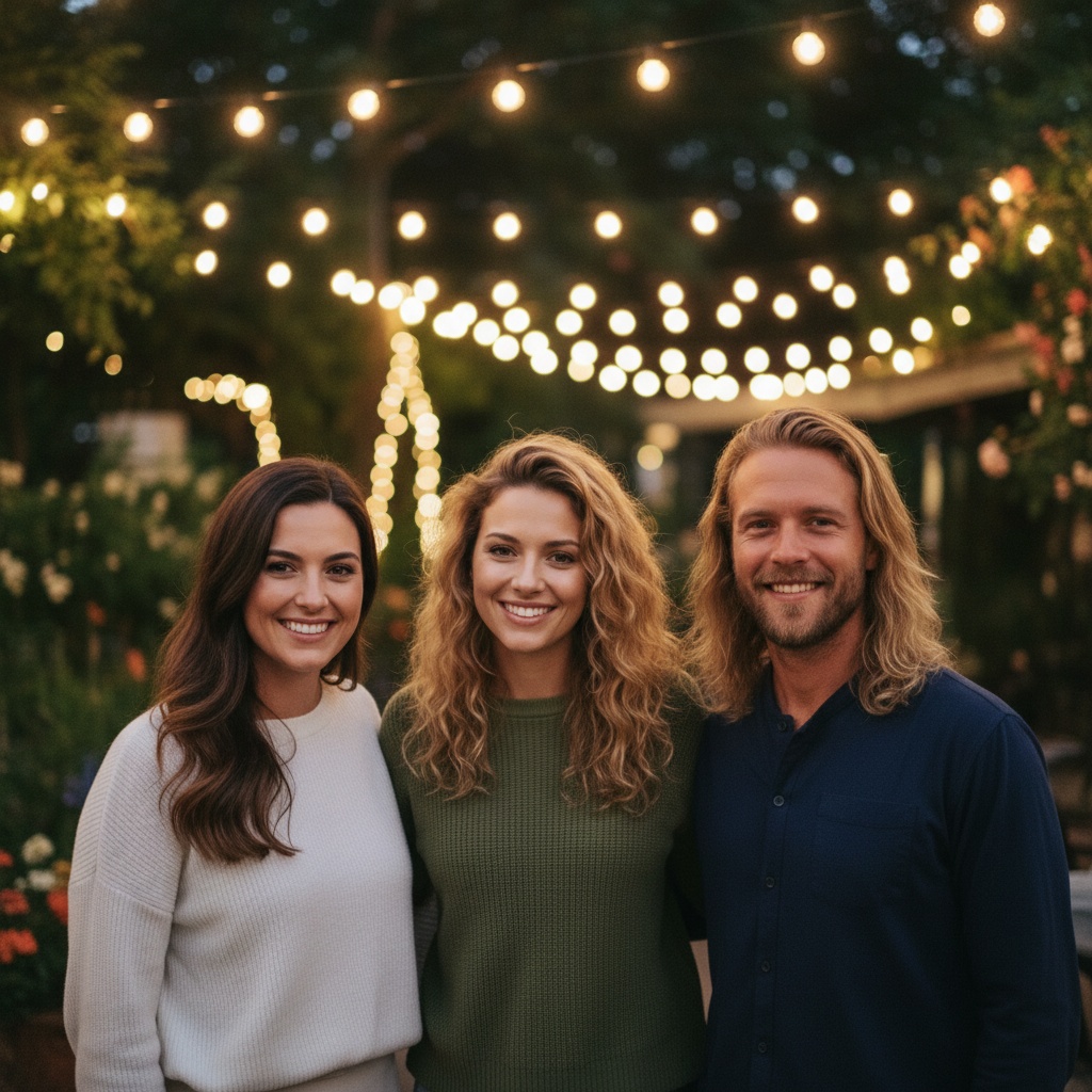 AI-generated group photo style: Analog — Summer Garden Party Night