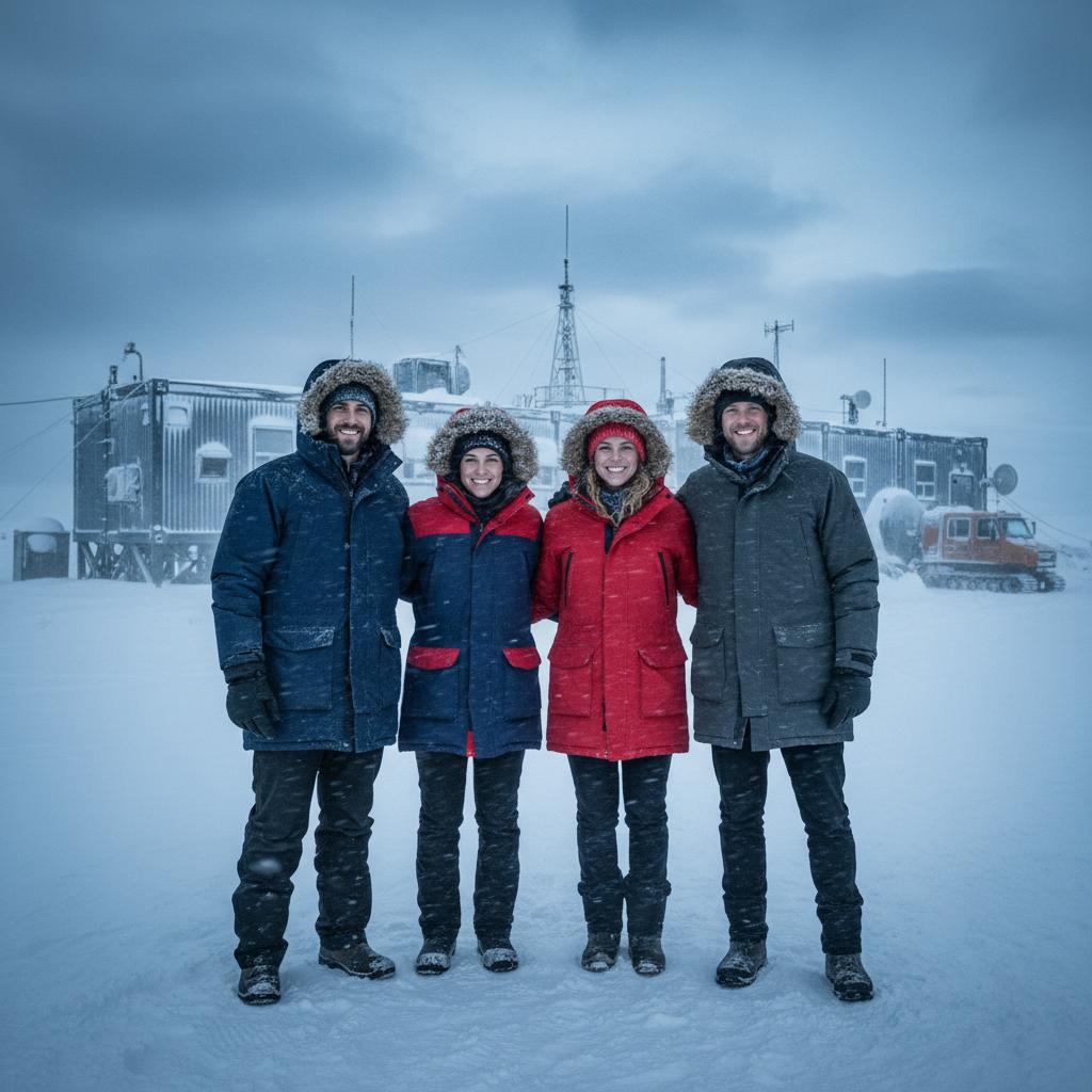 AI-generated group photo style: Antarctic — Research Station