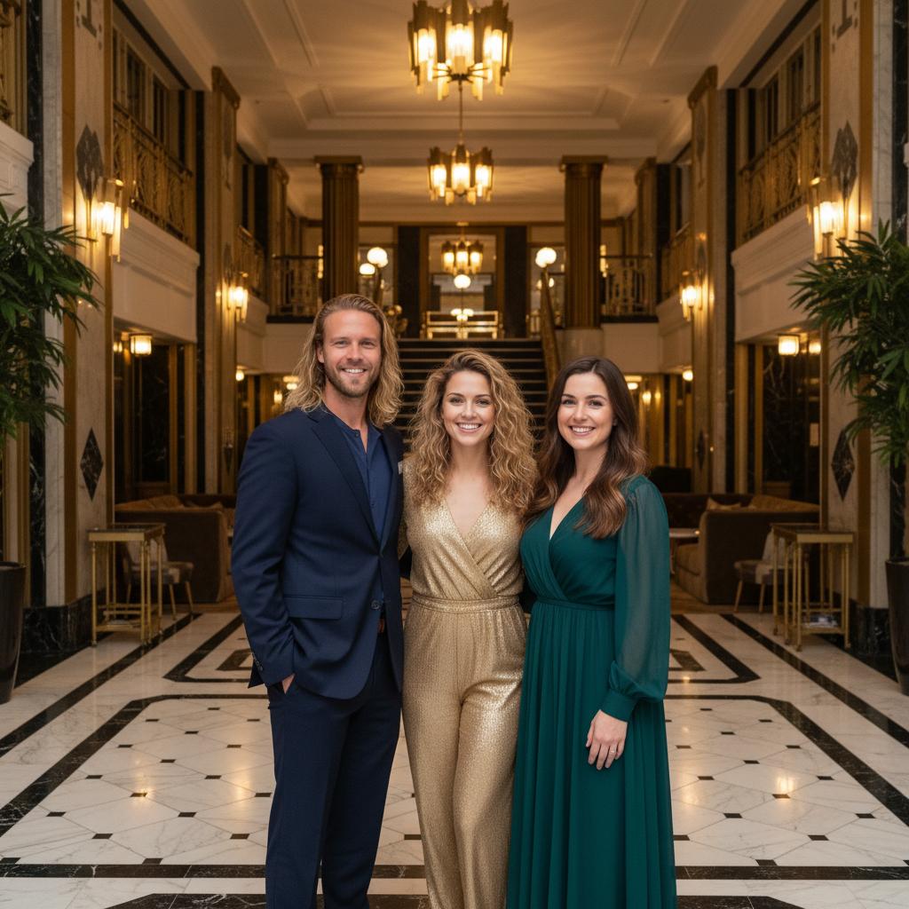 AI-generated group photo style: Art Deco — Grand Hotel Lobby