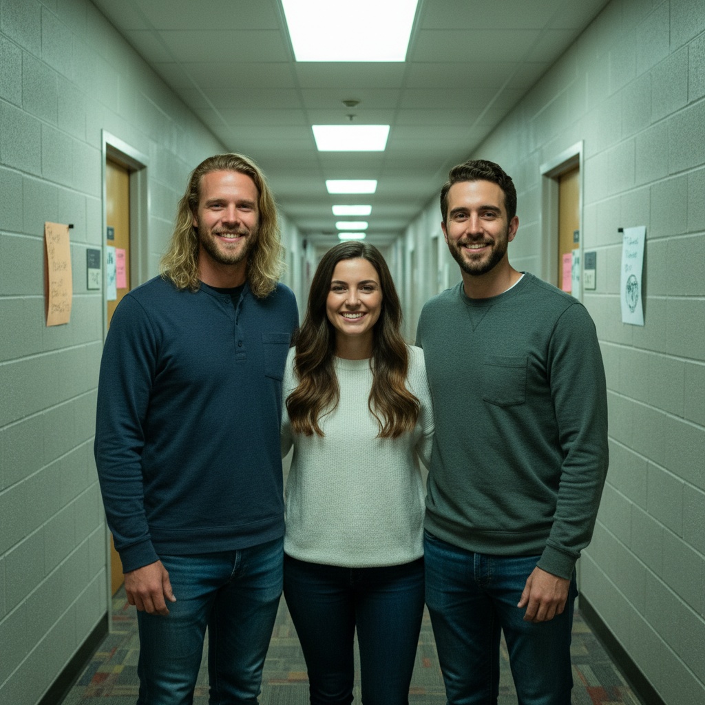 AI-generated group photo style: College — Dorm Hallway Group
