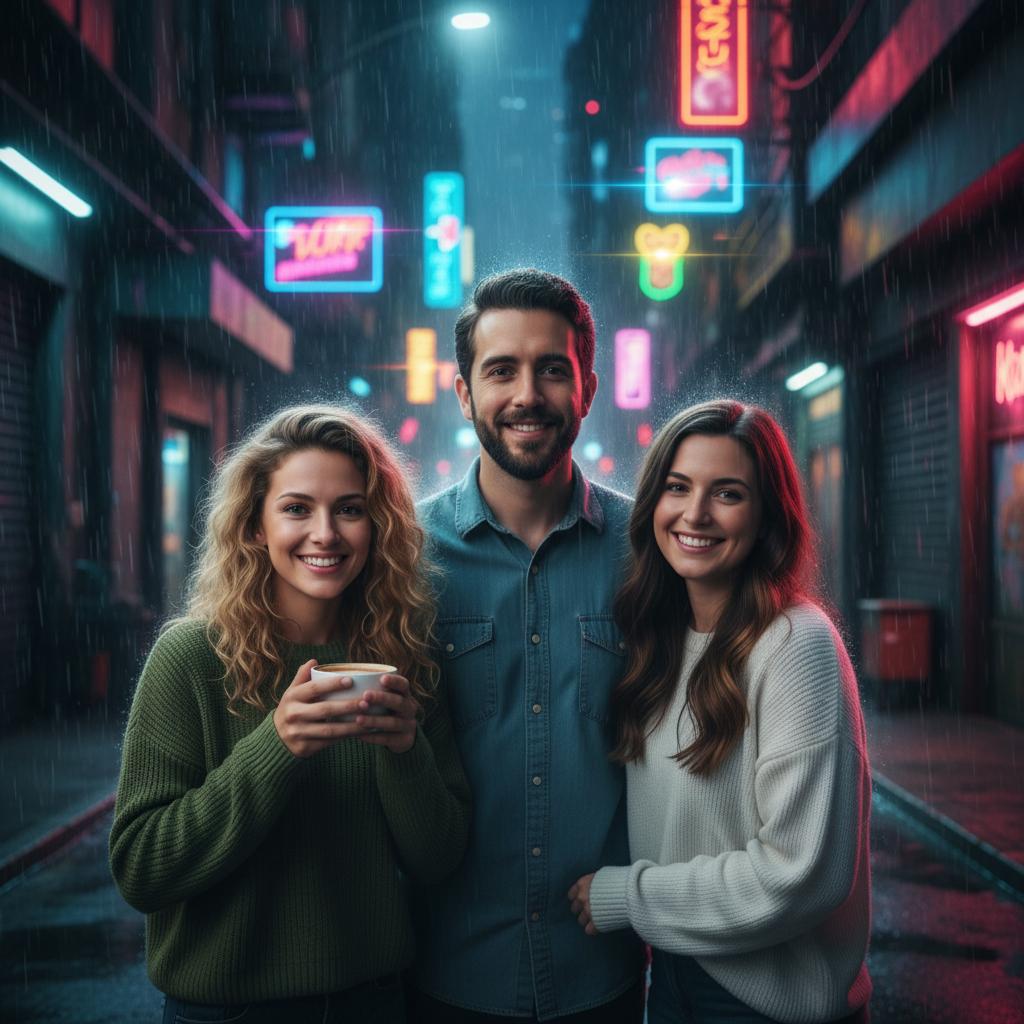 The same three people together in a neon city scene