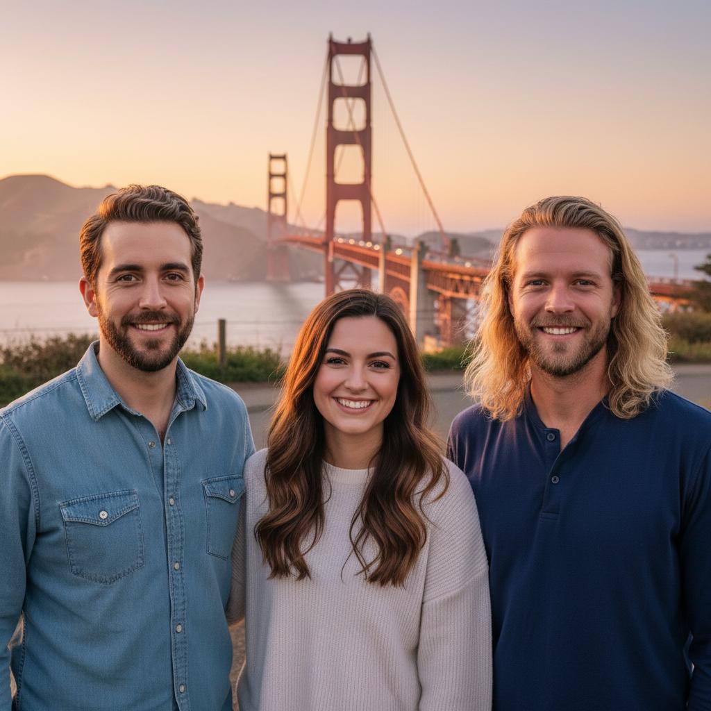 AI-generated group photo style: San Francisco — Golden Gate Bridge