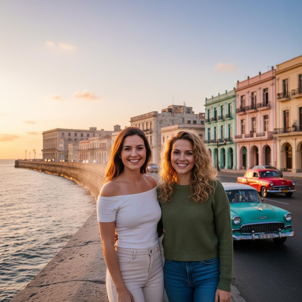AI-generated group photo style: Cuba — Malecón Sunset