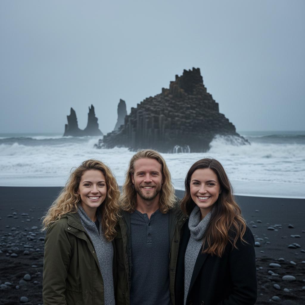 AI-generated group photo style: Iceland — Black Sand Beach