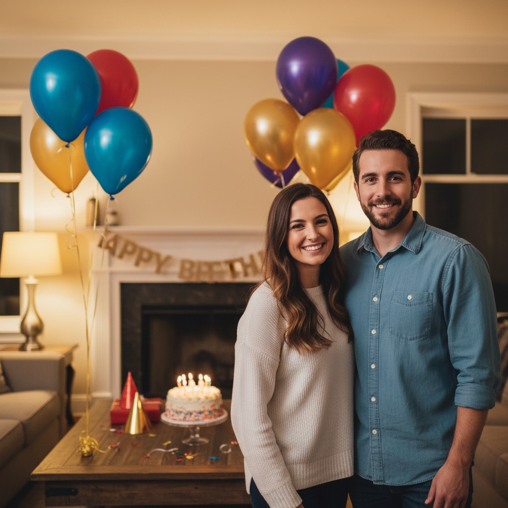 AI-generated group photo style: Living Room — Birthday Party
