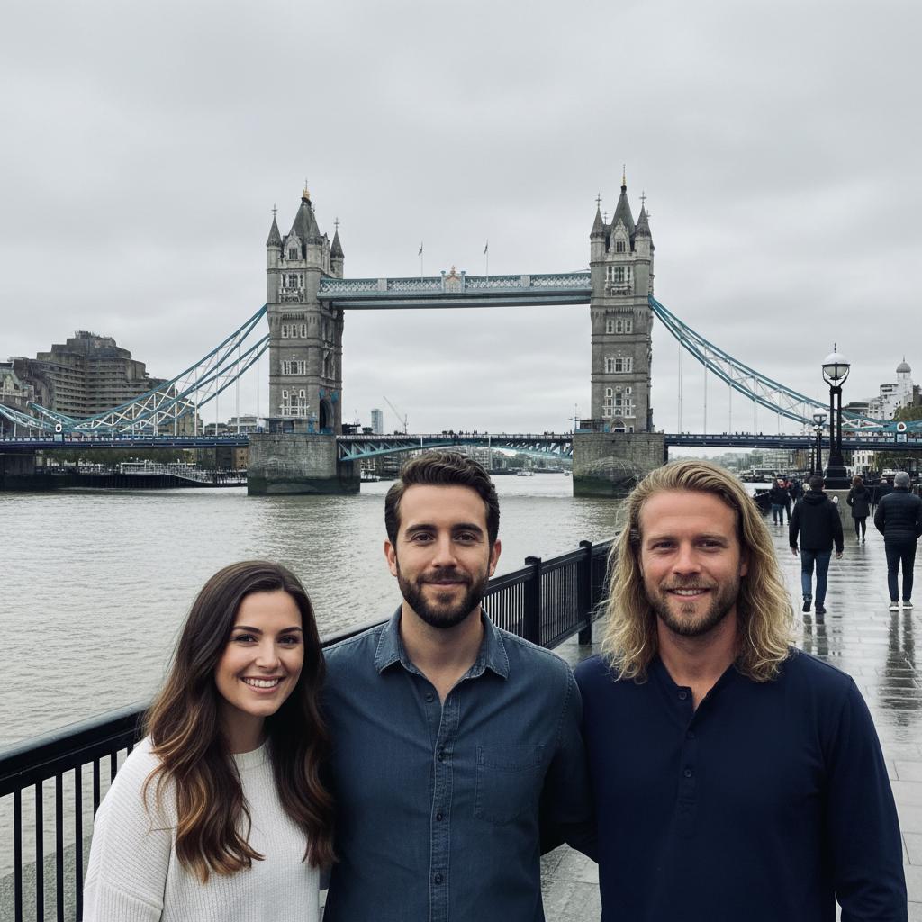 AI-generated group photo style: London — Tower Bridge