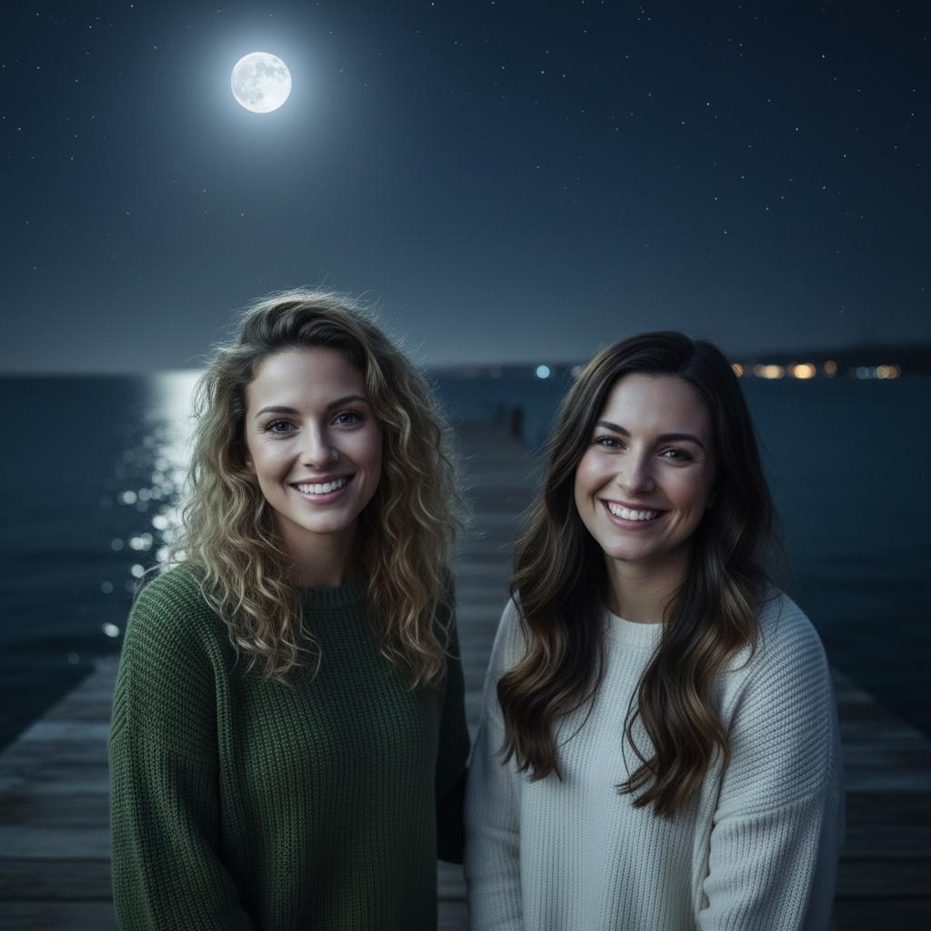 AI-generated group photo style: Seaside — Moonlit Pier