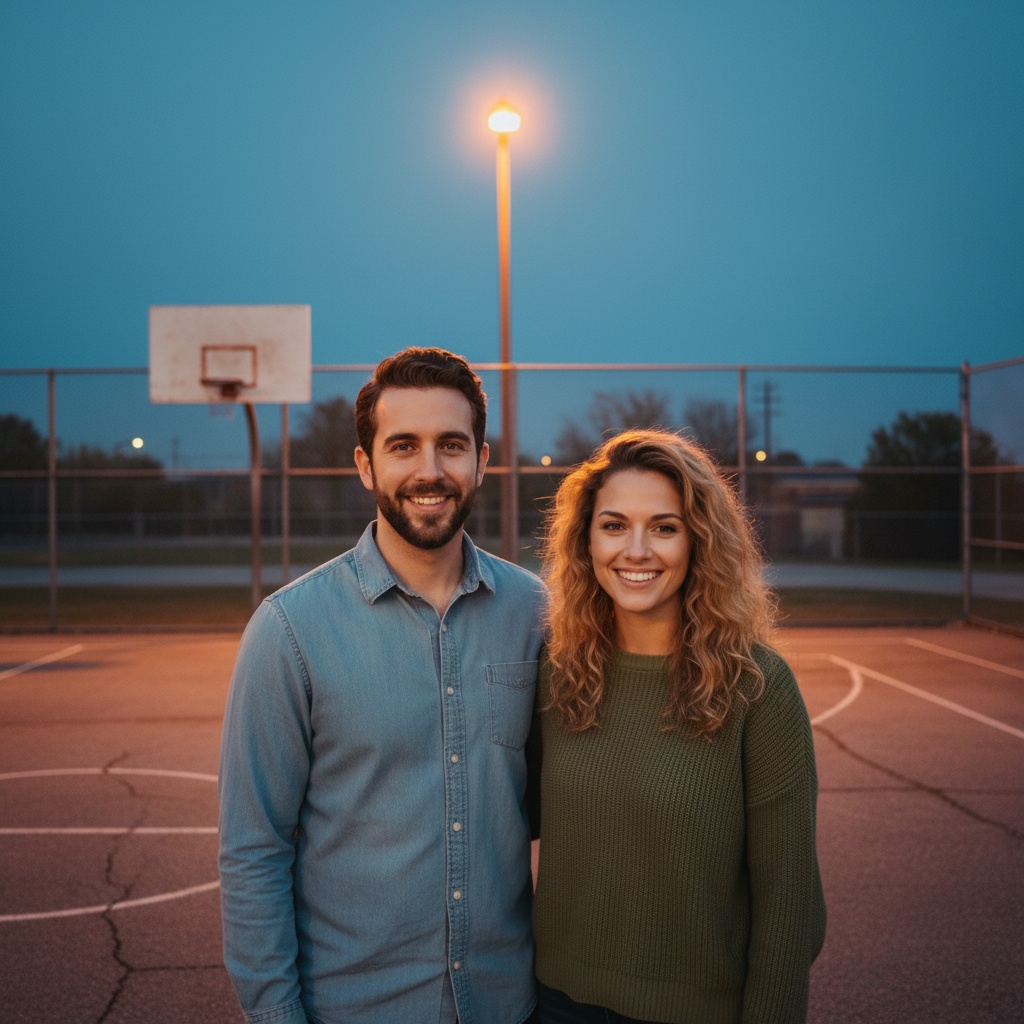 AI-generated group photo style: Neighborhood — Basketball Court Evening