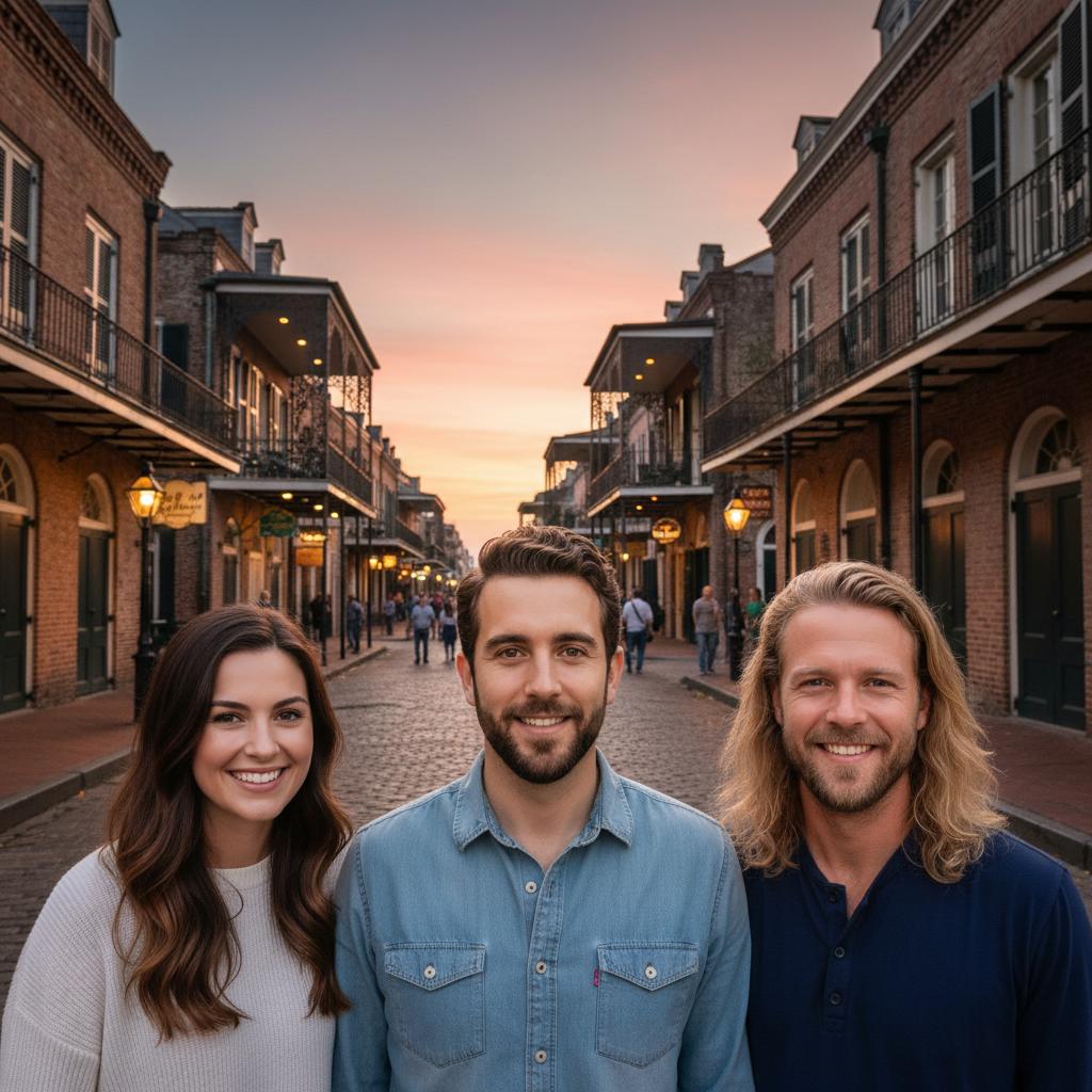 AI-generated group photo style: USA — New Orleans French Quarter