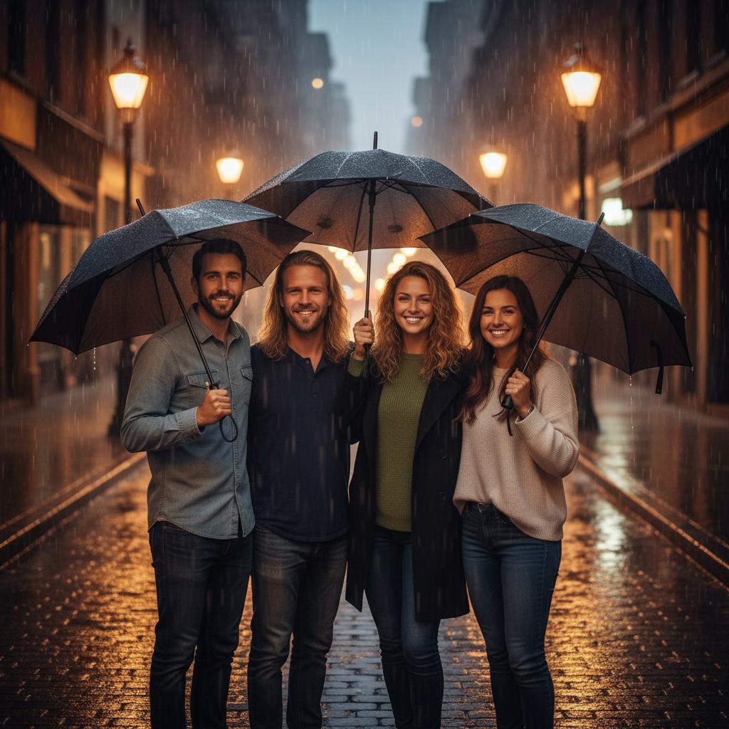 AI-generated group photo style: Film Noir — Rainy Street