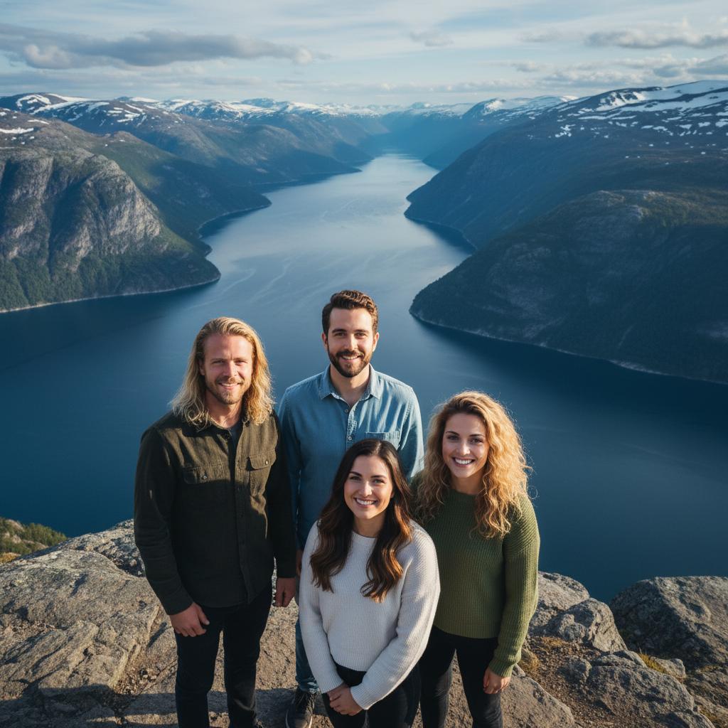 AI-generated group photo style: Norway — Fjord Overlook