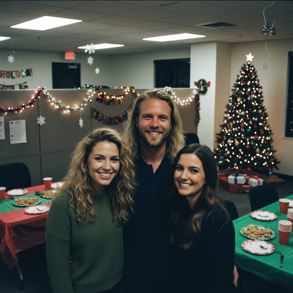 AI-generated group photo style: Office — Holiday Party