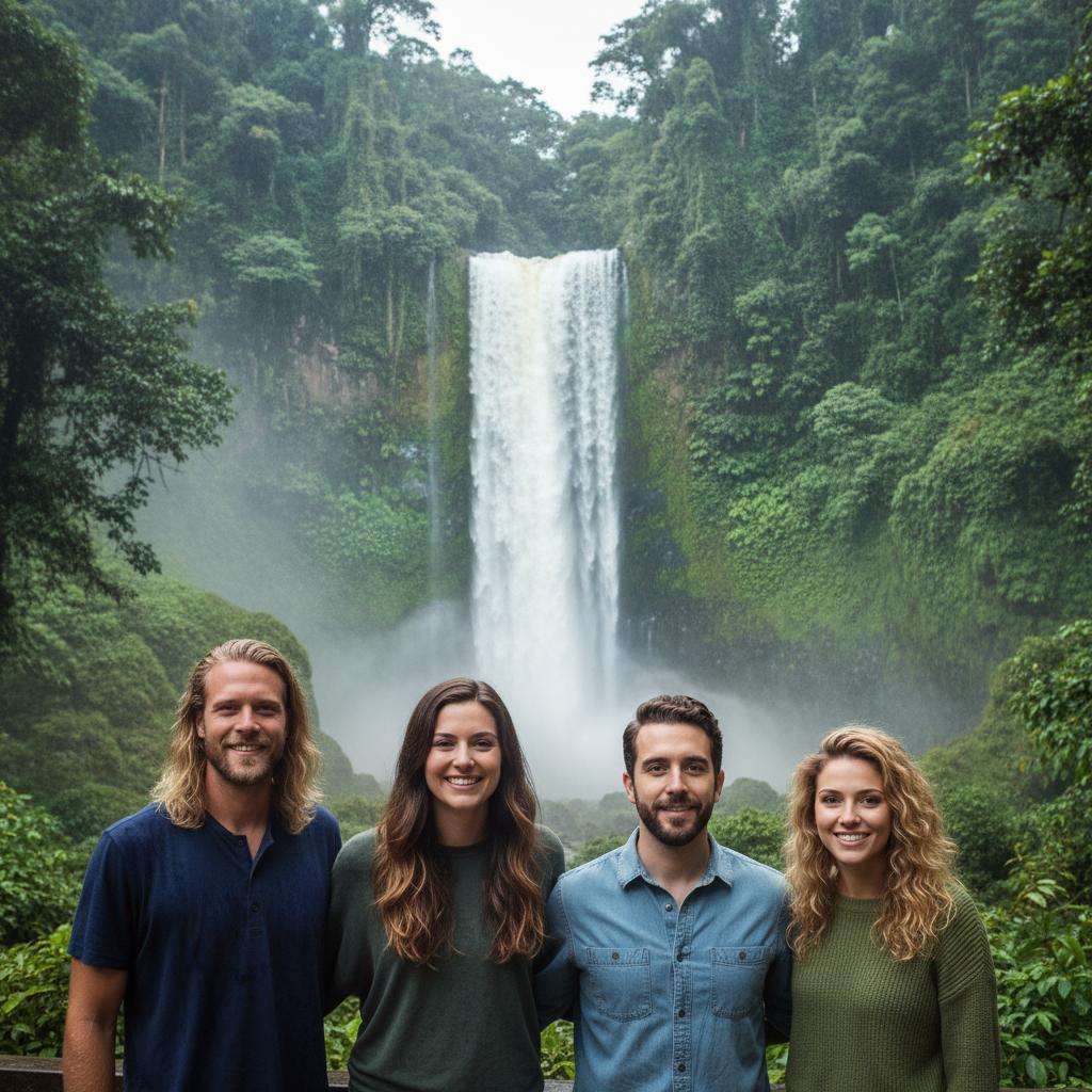AI-generated group photo style: Rainforest — Waterfall