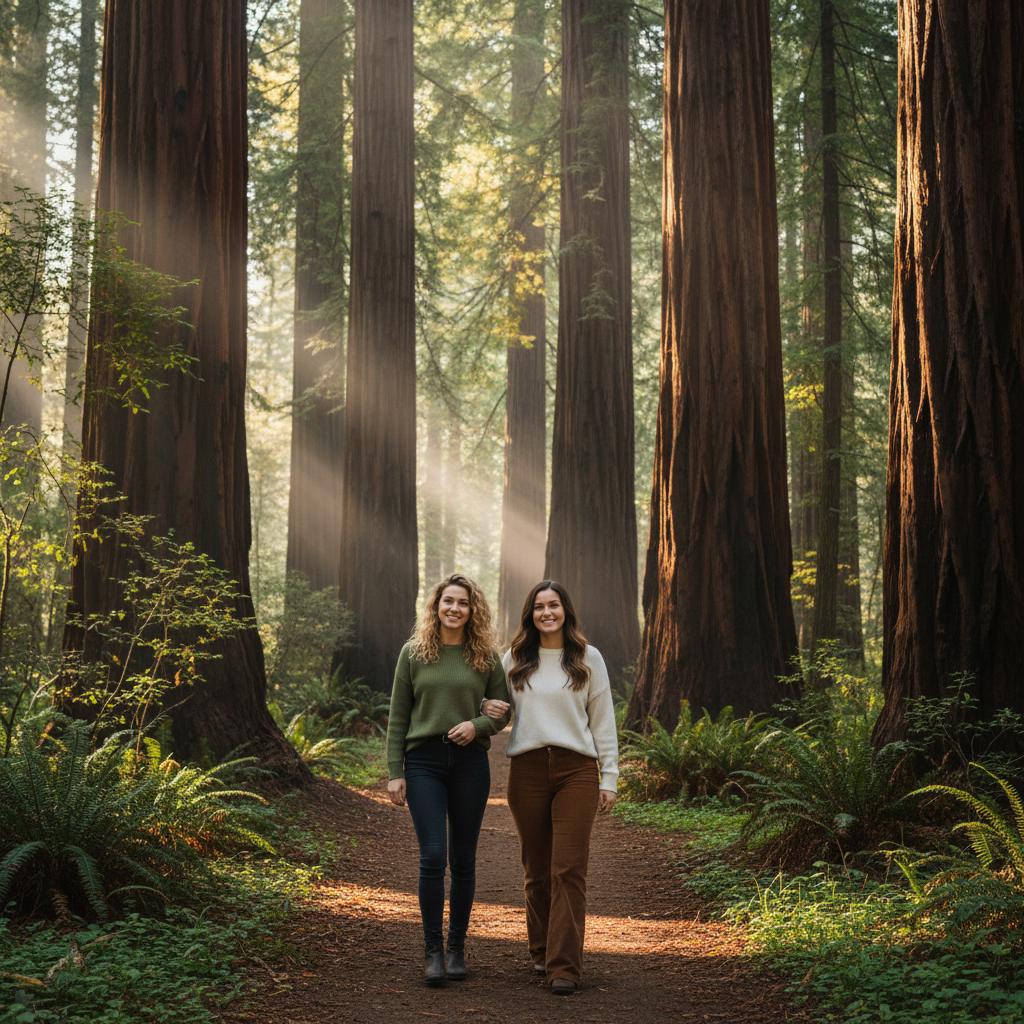 AI-generated group photo style: California — Redwood Forest Trail