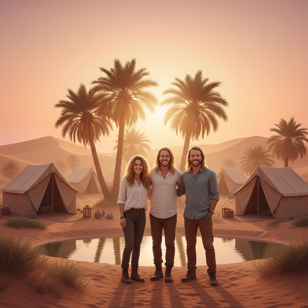 AI-generated group photo style: Sahara — Oasis Camp