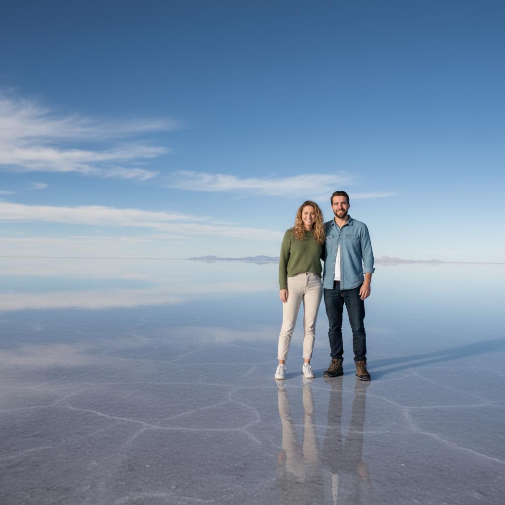 AI-generated group photo style: Bolivia — Salar de Uyuni Mirror