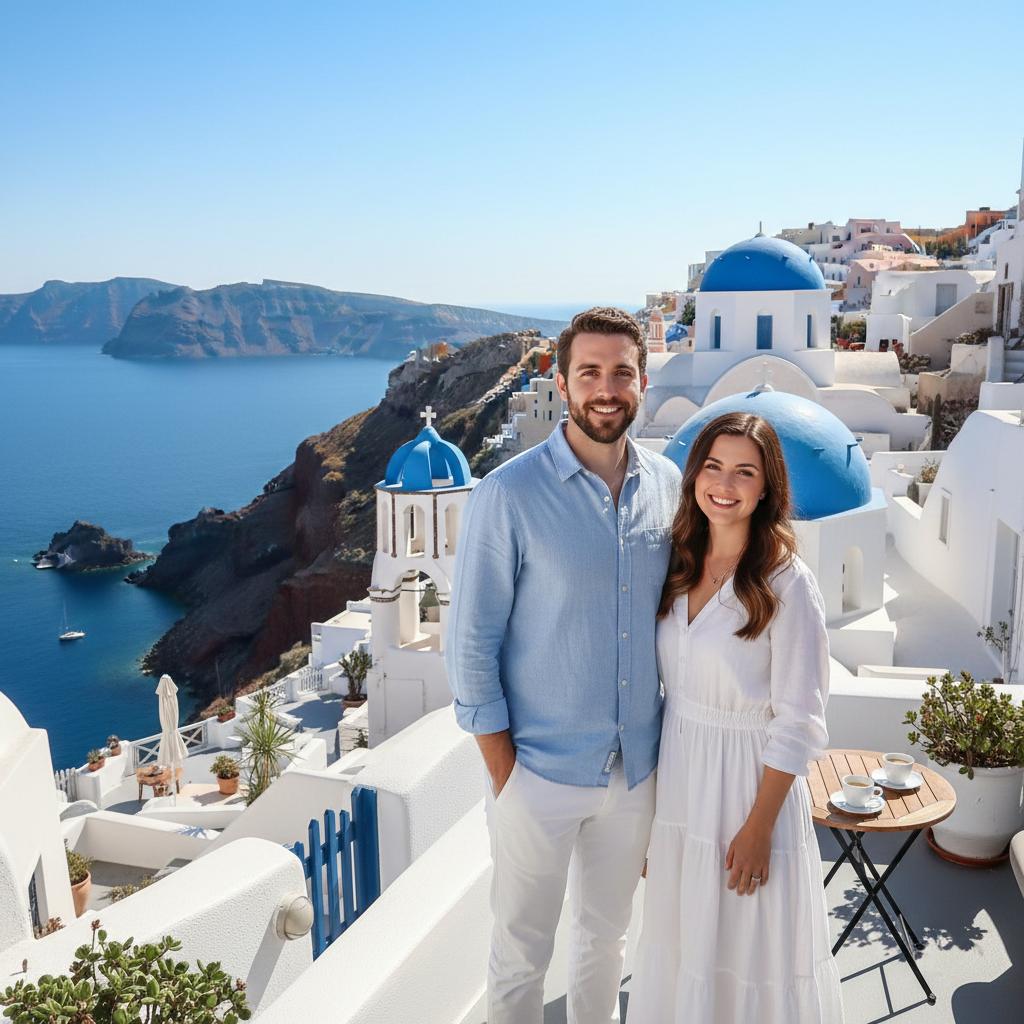 AI-generated group photo style: Santorini — Blue Domes