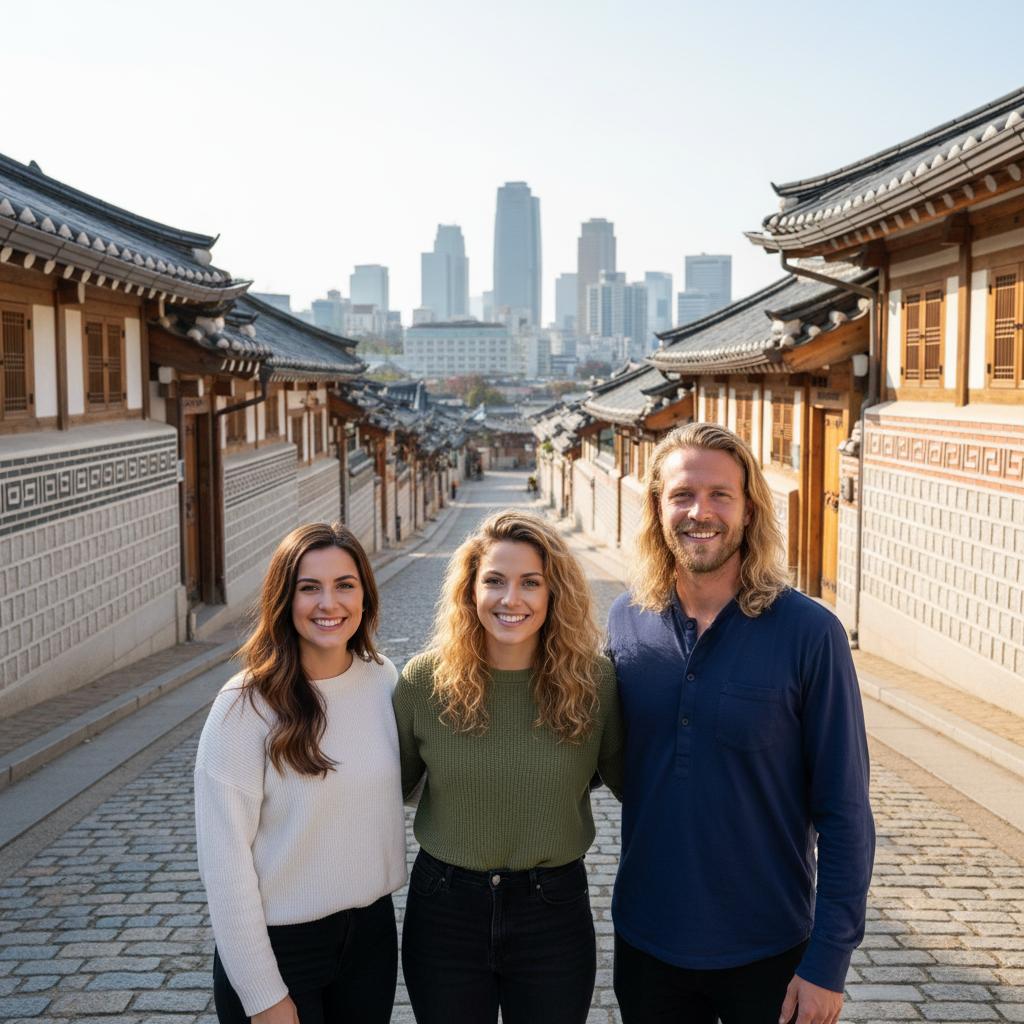 AI-generated group photo style: Seoul — Bukchon Hanok Village