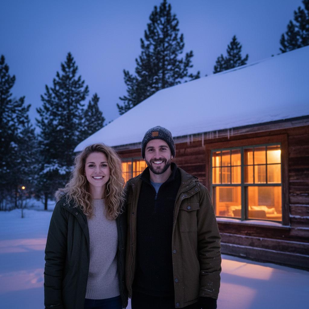 AI-generated group photo style: Snowy Cabin