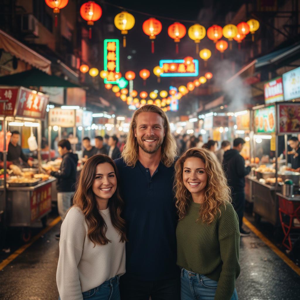 AI-generated group photo style: Street — Asian Night Market