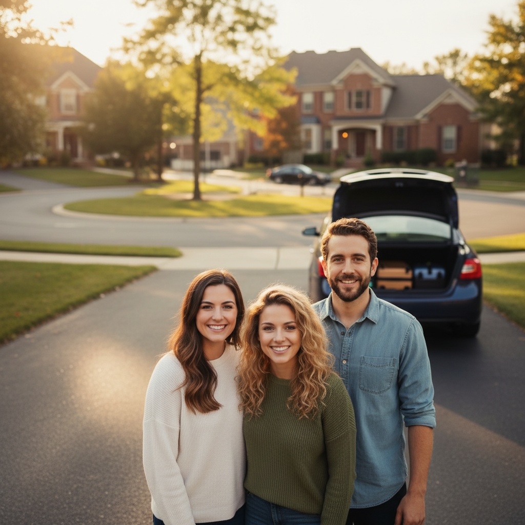 AI-generated group photo style: Suburban — Driveway Send-Off