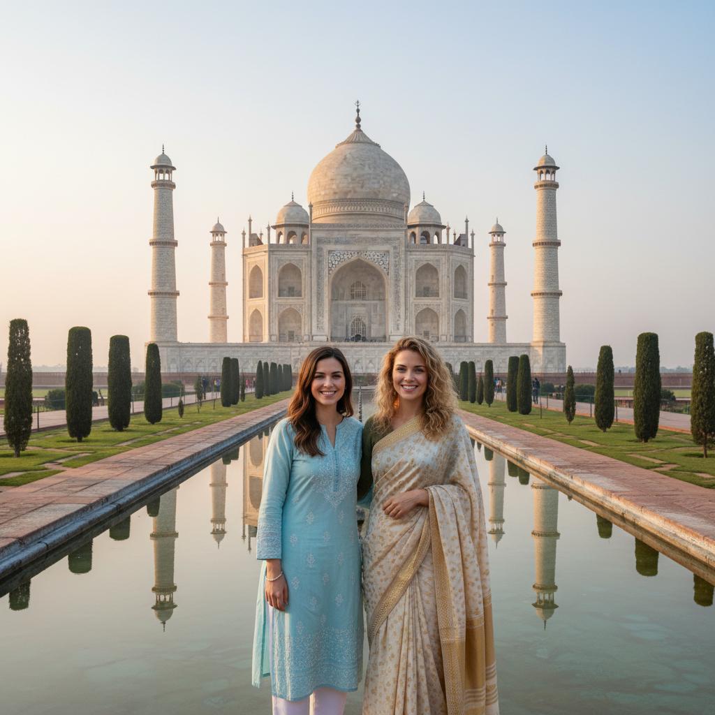 AI-generated group photo style: India — Taj Mahal Gardens