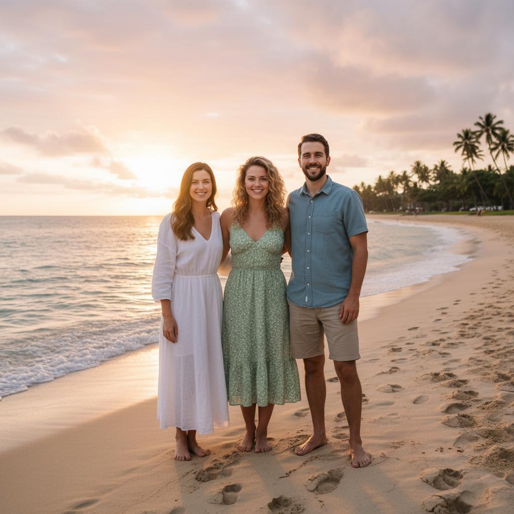 The same three people together on a tropical beach