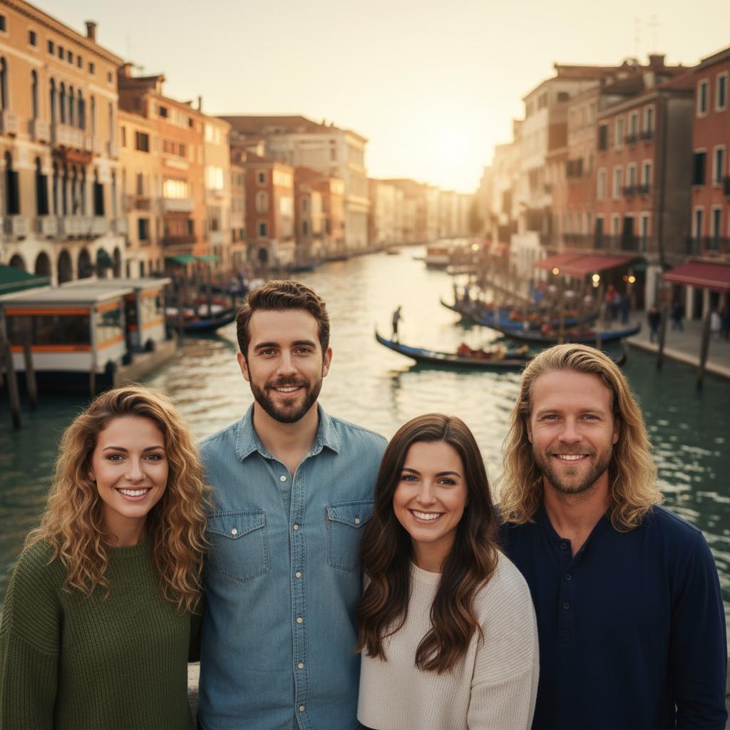 AI-generated group photo style: Venice — Canals