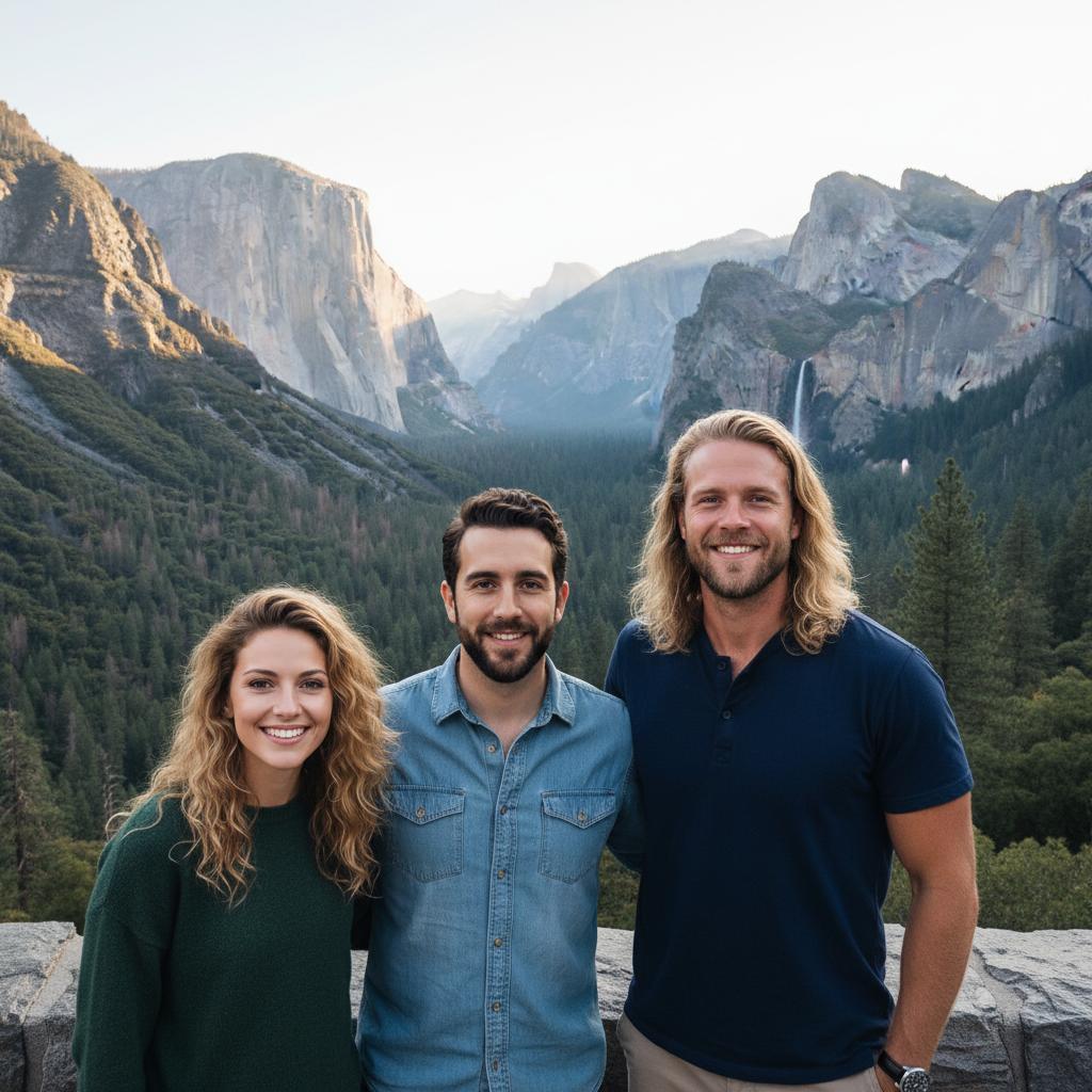 AI-generated group photo style: USA — Yosemite Tunnel View
